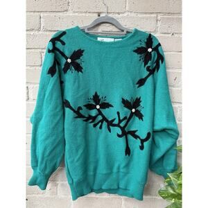Vintage 80s Donagain Green Sweater L Velvet Applique Embroidered Floral Cozycore